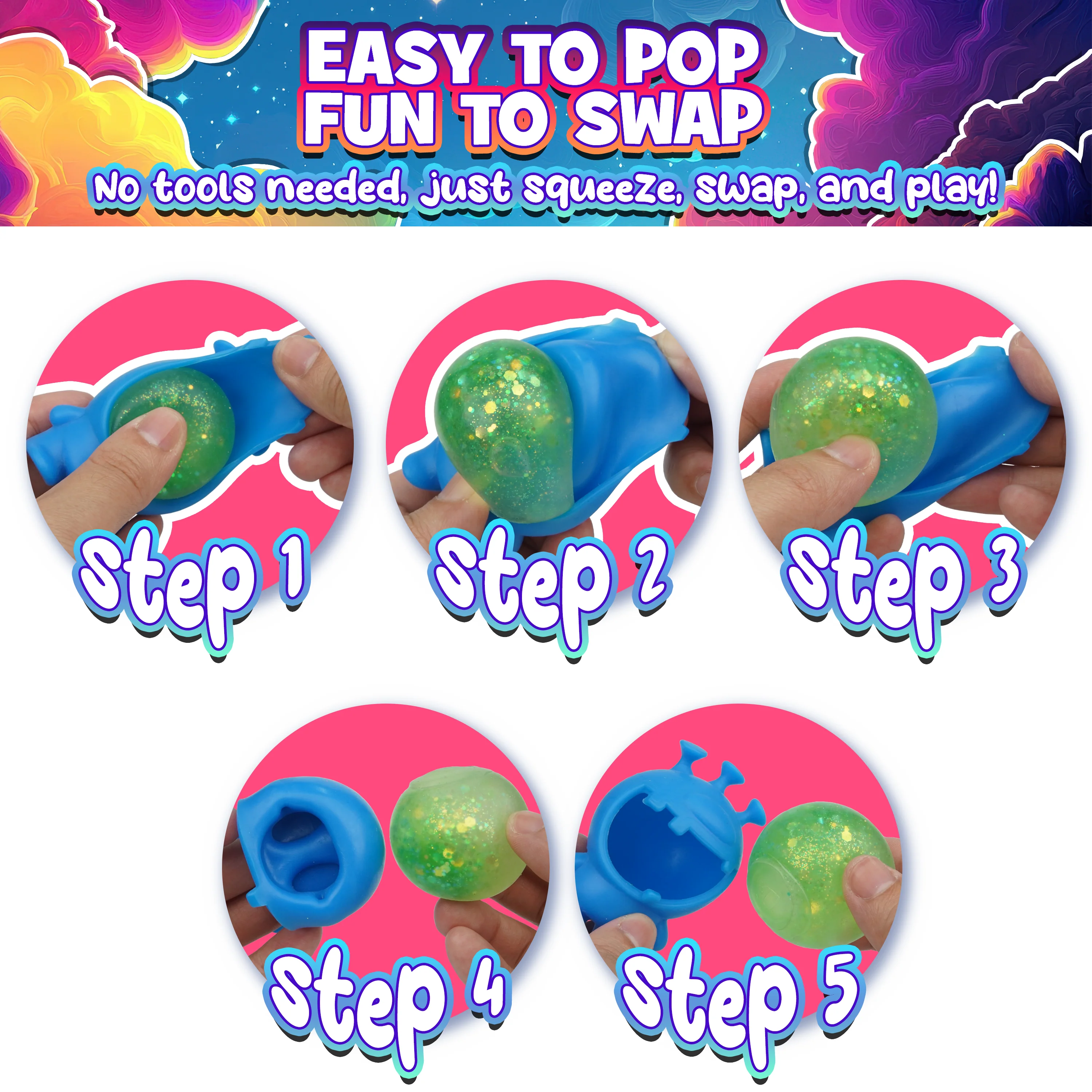 Power Your Fun Glitter Gobblers Blind Box Squishy Toys 6 Pack - Image 4