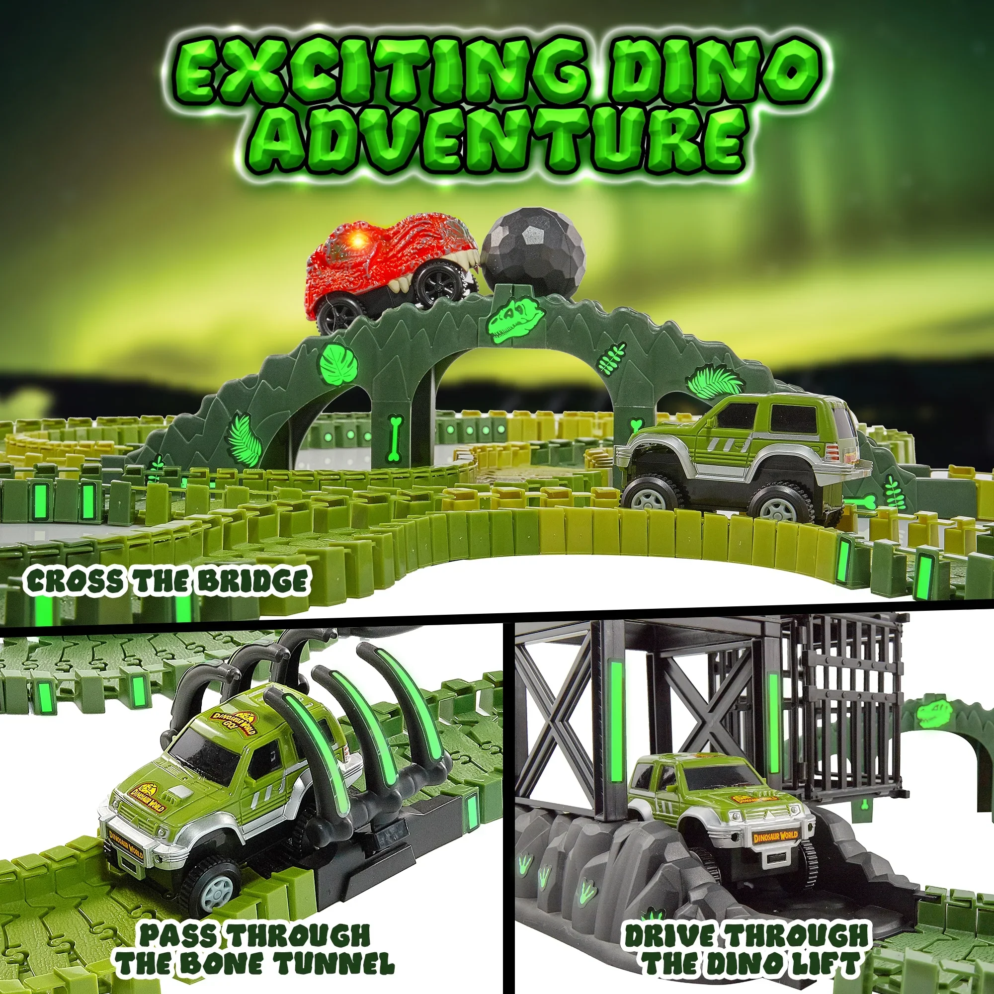 USA Toyz 225 Piece Green Ultimate Dinosaur Dash Race Track Adventure Playset - Image 4