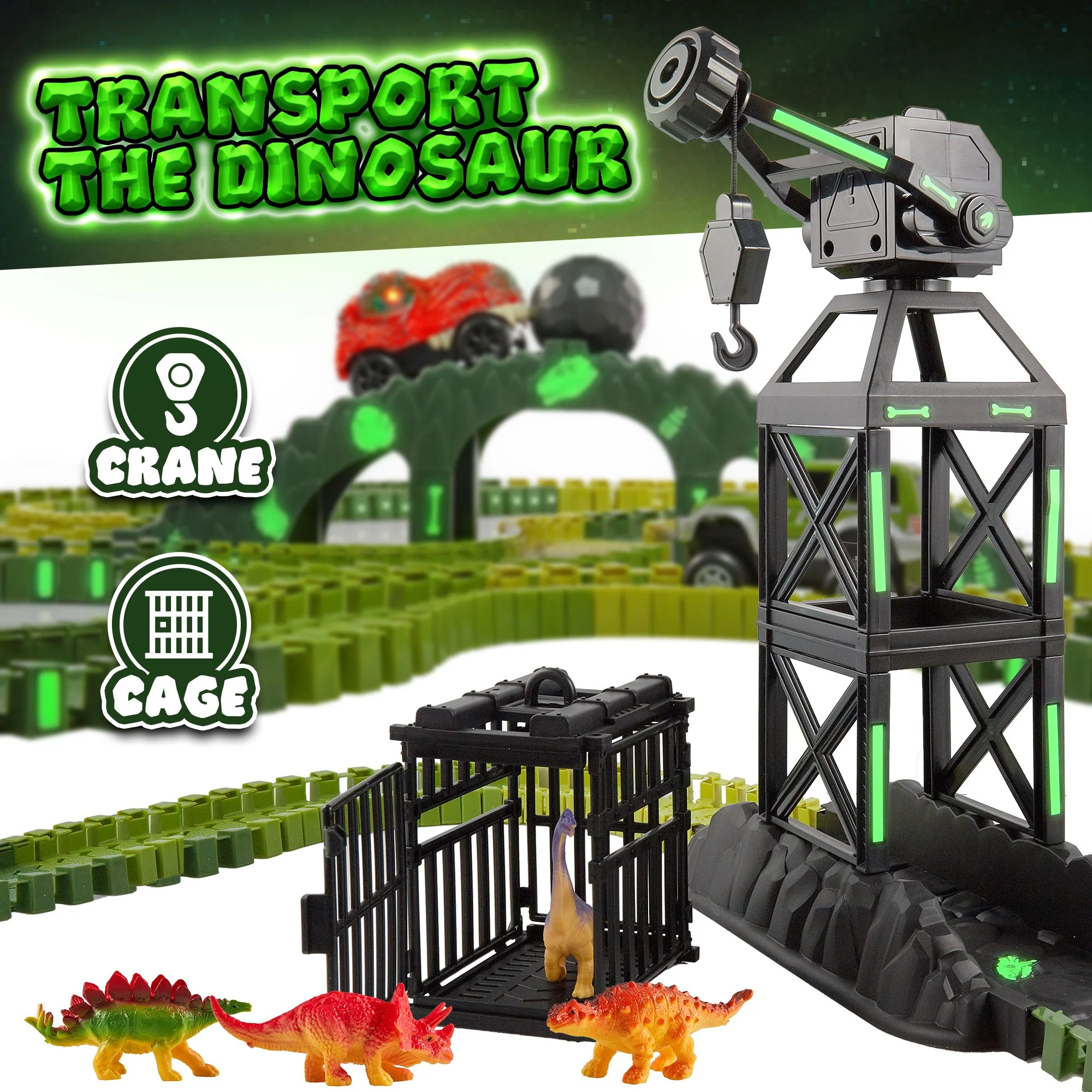 USA Toyz 225 Piece Green Ultimate Dinosaur Dash Race Track Adventure Playset - Image 6