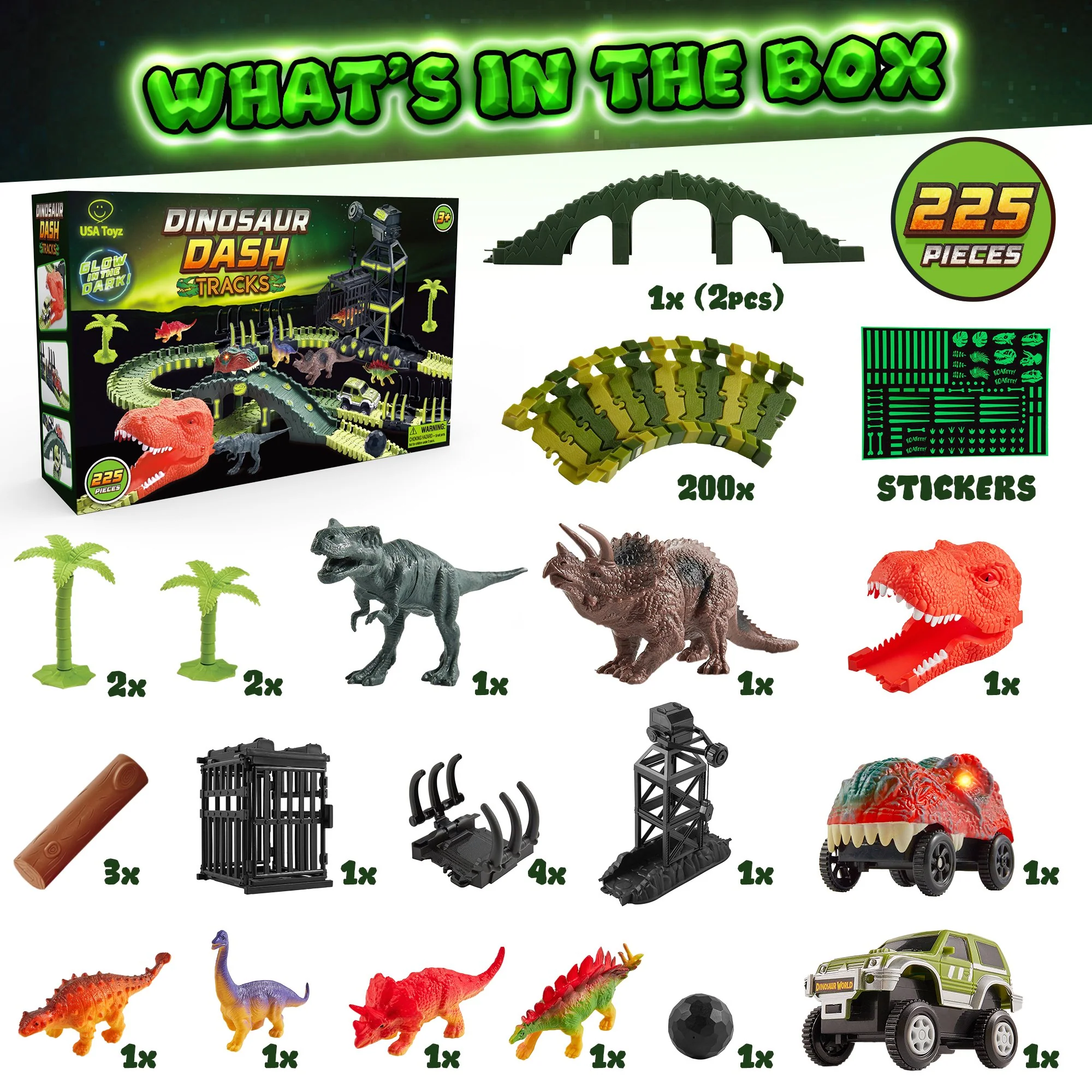 USA Toyz 225 Piece Green Ultimate Dinosaur Dash Race Track Adventure Playset - Image 8
